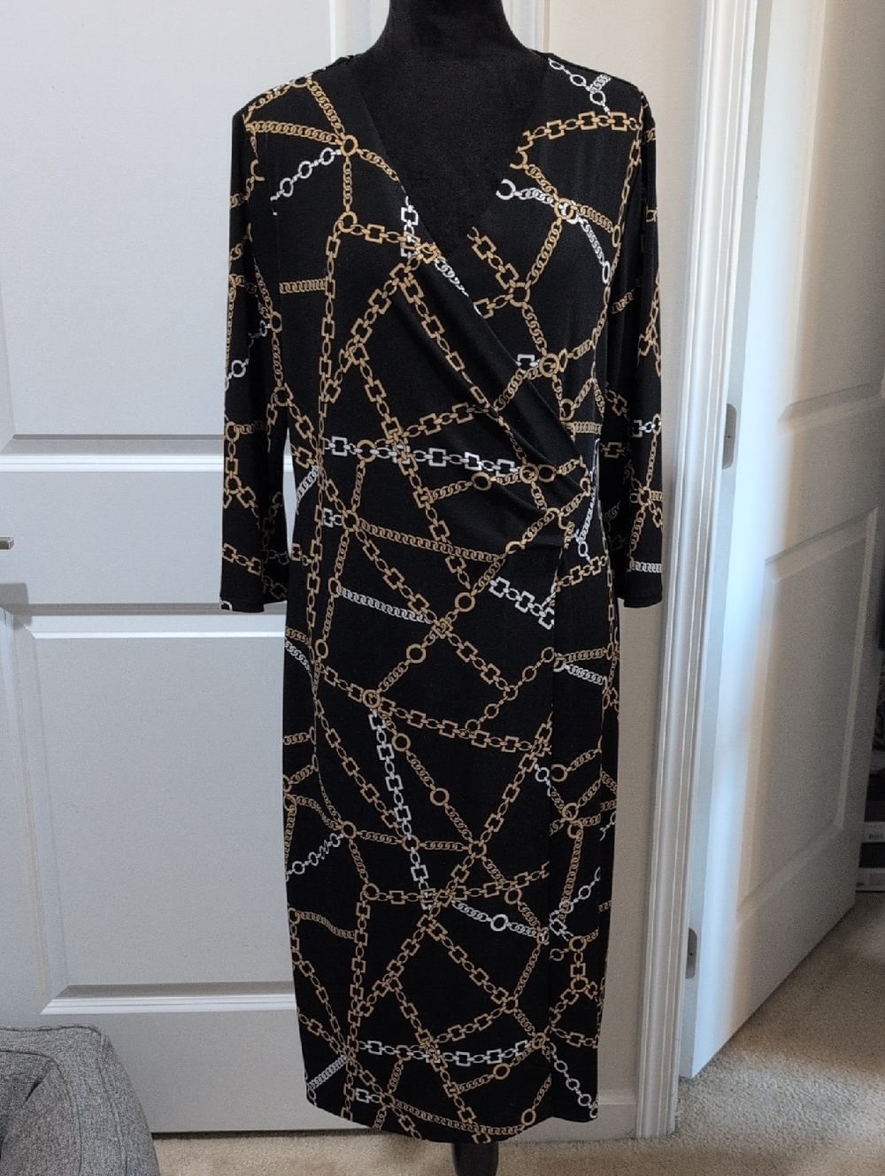 Like New Chicos Black Chain-Print Wrap Midi Dress